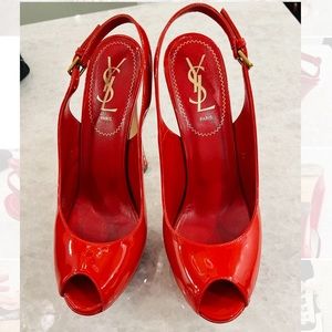 YSL Palais 105 Slingback Red Patent Leather Peep Toe Sandals US 8